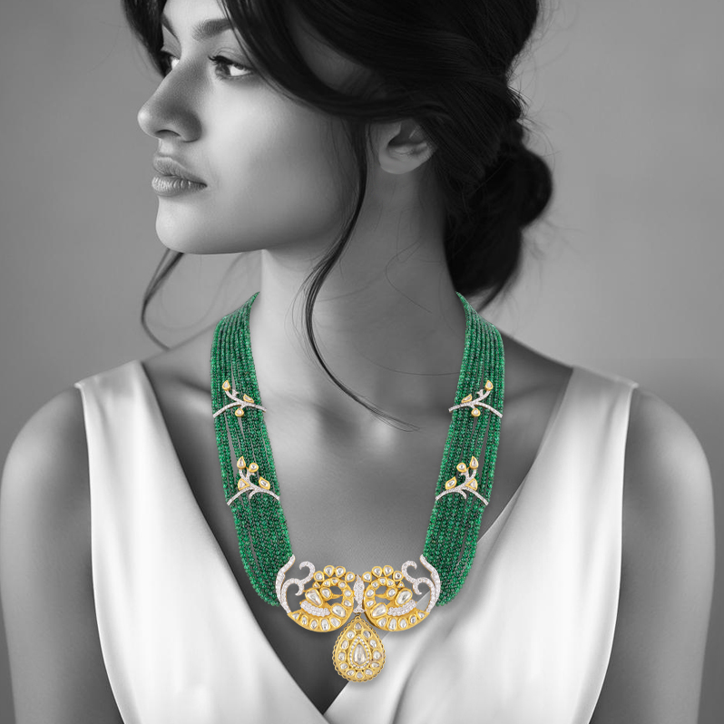 Layered Emerald Bead Necklace with Peacock Polki & Bud Motifs
